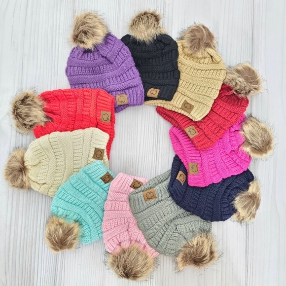 Clover Cottage Kids Pom-Pom Beanie-Khaki One Size - Picture 2 of 2